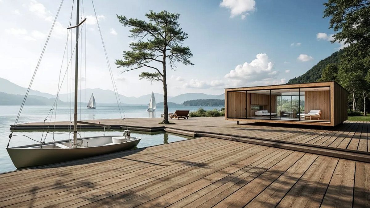  WEEKEND HOUSE / Studie chaty u jezera pro jachtaře. Stavba je plánována na půdoryse původního domku. Otočné žaluzie slouží nejen k zabezpečení objektu , ale také jako projekční plátno (Máchovo  jezero – Czech Republic) 