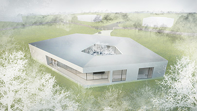  RODINNÝ DŮM / VILA  PENTAGON  / Velikostí luxusní rodinný dům pro stárnoucí manžele, jež poskytne prostor jak dětem tak vnoučatům. Dům stojí u lesa na periferii města s obchozím soukromým átriem ve tvaru pentagonu. Severojižně orientovaný pozemek s krásným výhledem do lesa na severní straně. Atrium pouštějící jižní světlo do obývacího pokoje a kuchyně s jídelnou, které se dívají do lesa na severní straně. Dům s vysokým komfortem, pohodlím, vesmírná loď plující vlastním vesmírem.