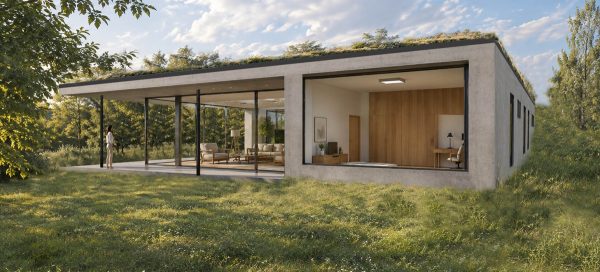   DŮM U SLAPSKÉ PŘEHRADY/ Navrhovaný rekreační dům v oblasti Slapské přehrady je řešen jako kompaktní betonový objekt se zelenou střechou, který se přirozeně začleňuje do svažitého terénu. Jedna strana stavby je částečně zapuštěna do svahu a zasypána zeminou, čímž se dům více propojuje s okolní krajinou. Architektonické řešení vychází z jednoduchého tvarosloví a důrazu na odolnost, funkčnost a celoroční využitelnost objektu. Zelená střecha navazuje na charakter okolního terénu a přispívá k nenápadnému působení stavby v krajině. 